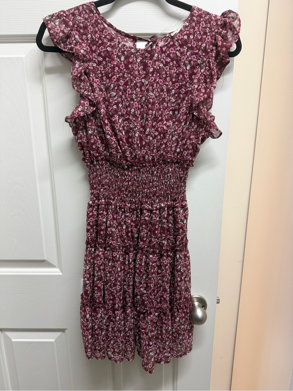 Altar’d State Smocked Waist Floral Ruffle Sleeve Dress - Burgundy Pink medium